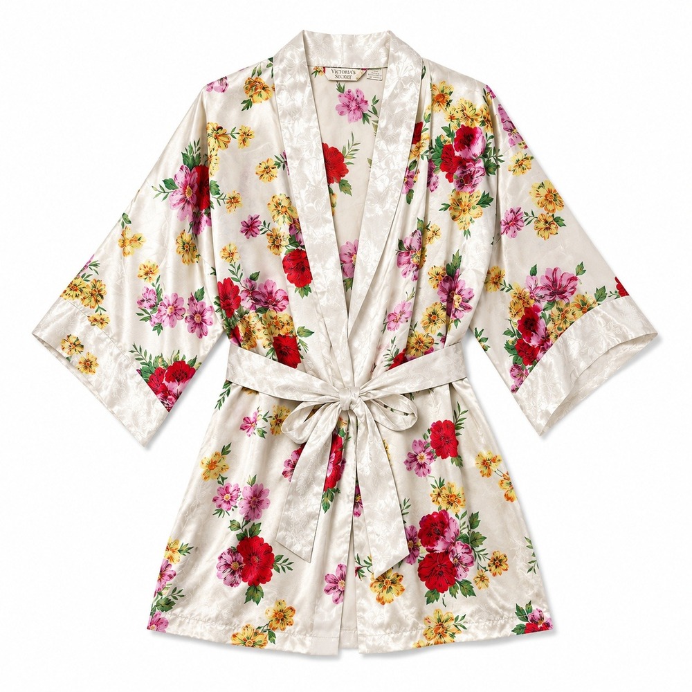 Vtg Victorias Secret Gold Label Floral Satin Silky Kimono Robe White Grannycore